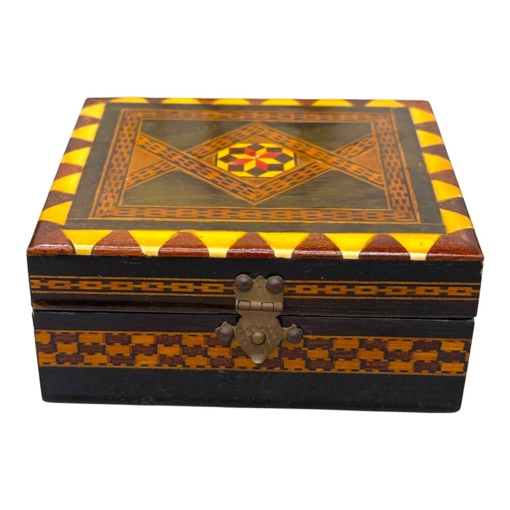 Egyptian Wooden Trinket Jewelry Box Intricate Geometric Inlay Design 4" Velvet